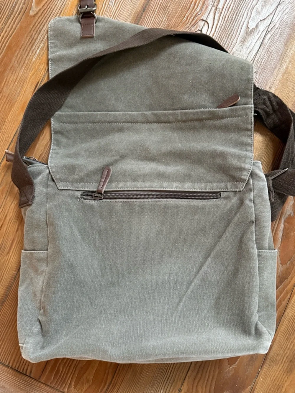 Canvas Messenge / Laptop Bag in Olive Green with Brown Accents